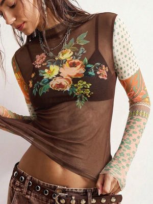 Dark Brown mesh print top - ruffle long sleeve slim fit blouse for women