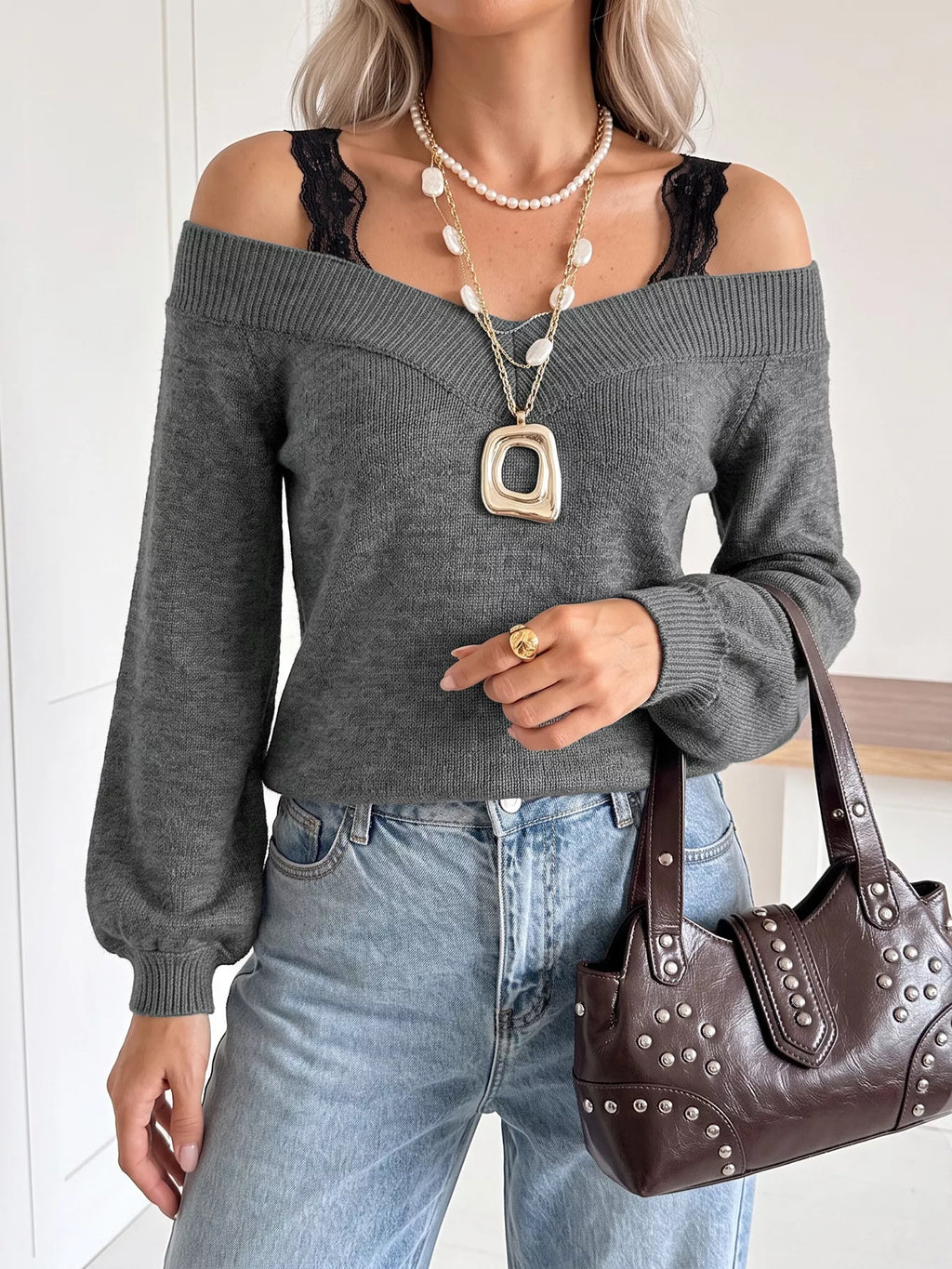 Off-Shoulder Lace Trim Sweater view 2