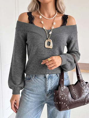 Dark Gray off-shoulder lace trim sweater for women