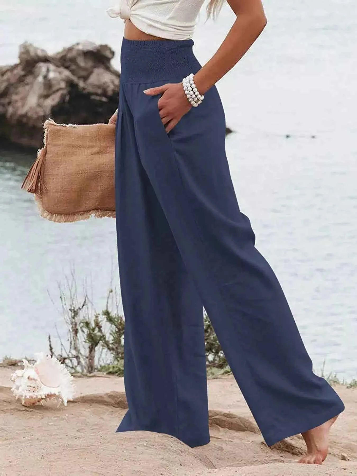 Smocked High Waisted Wide Leg Pants for Effortless Style and Comfort-Bottom-Splashis-Splashis