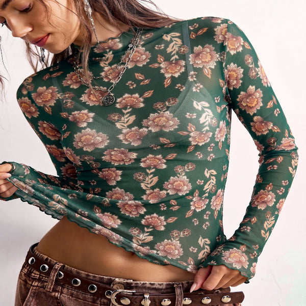 Dark Green floral mesh top - slim fit long sleeve for women