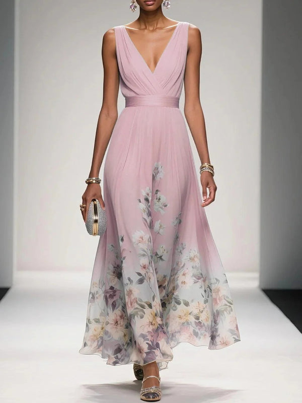 V-Neck Slim-Fit Chiffon Evening Gown