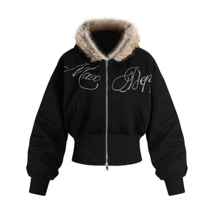Black letter graphic rhinestone fur-collar zip-up hoodie for women