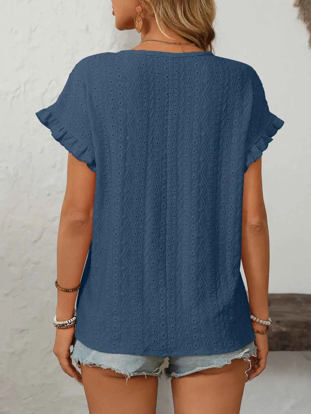 Feminine Eyelet Short Sleeve Top-T-shirt-Splashis-Splashis