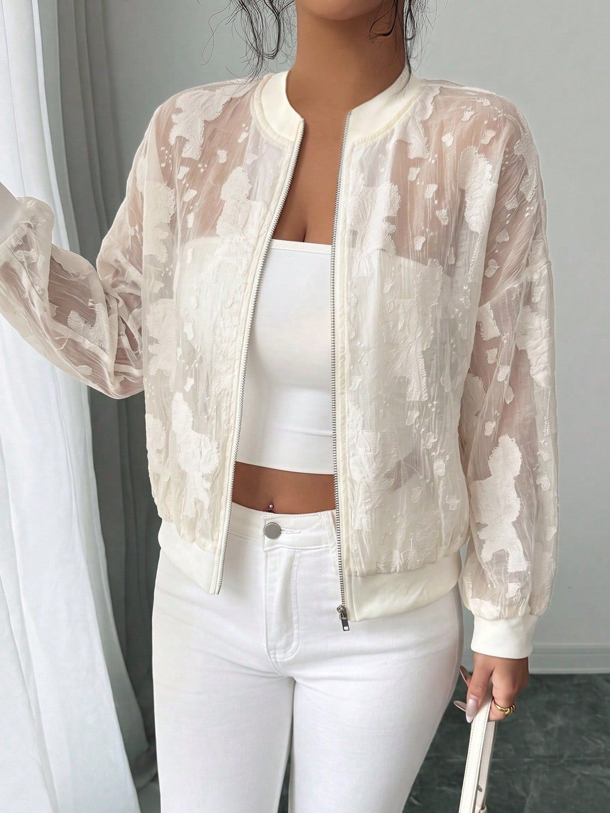 Women's Jacquard Zip-Up Jacket - Sheer Loose Fit, Rib Collar & Cuffs product image