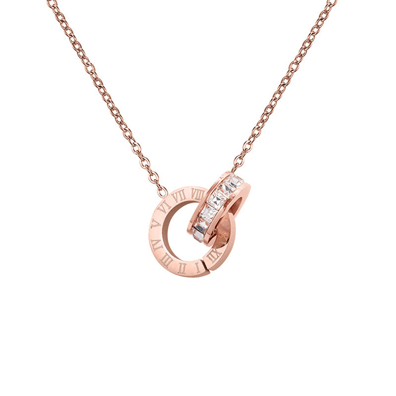 New Hollow Double Ring Fashion Personality Stainless Steel Small Waist Roman Digital Pendant Gold Titanium Steel Women's Necklace additional product view