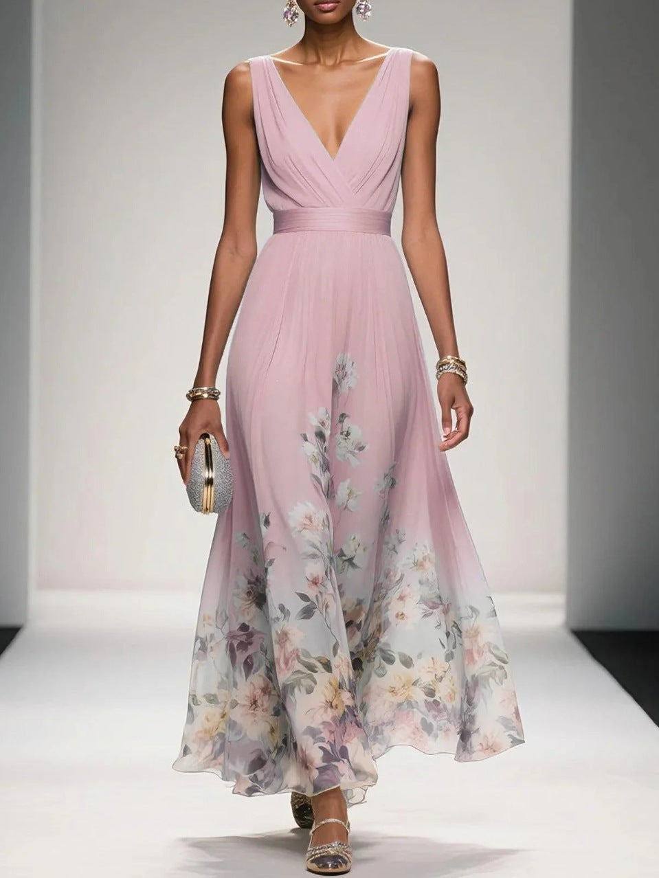 V-Neck Slim-Fit Chiffon Evening Gown