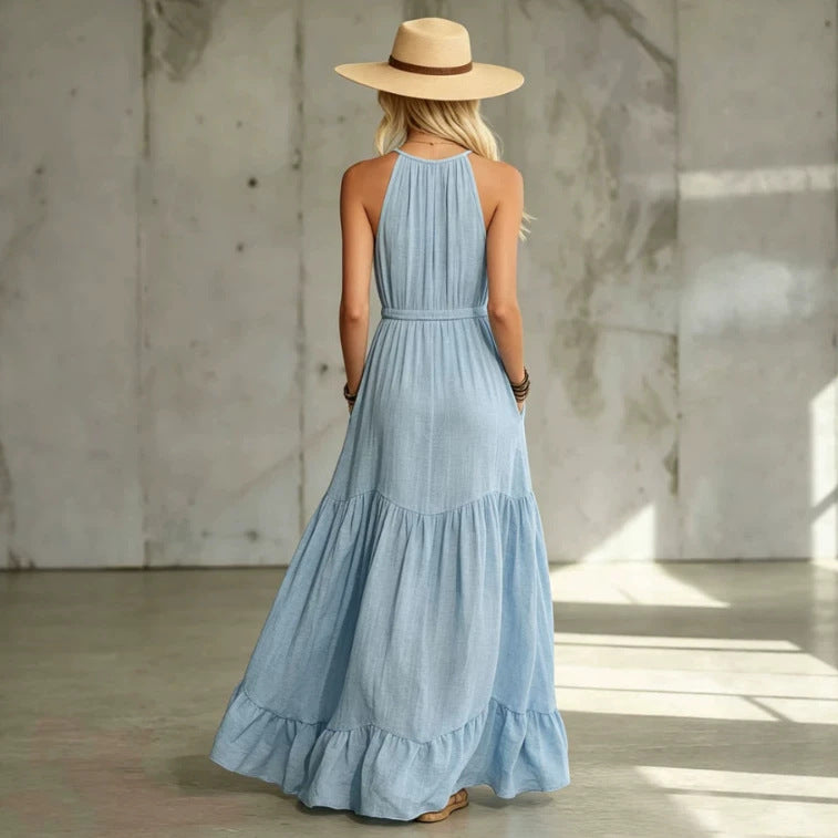 Product detail photo of Blue Cotton Linen Sleeveless Maxi Dress, blue cotton linen sleeveless maxi dress, everyday style