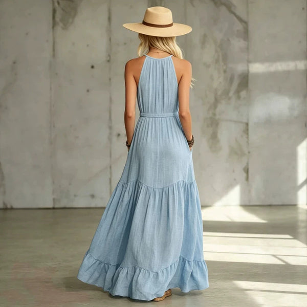 Product detail photo of Blue Cotton Linen Sleeveless Maxi Dress, blue cotton linen sleeveless maxi dress, everyday style