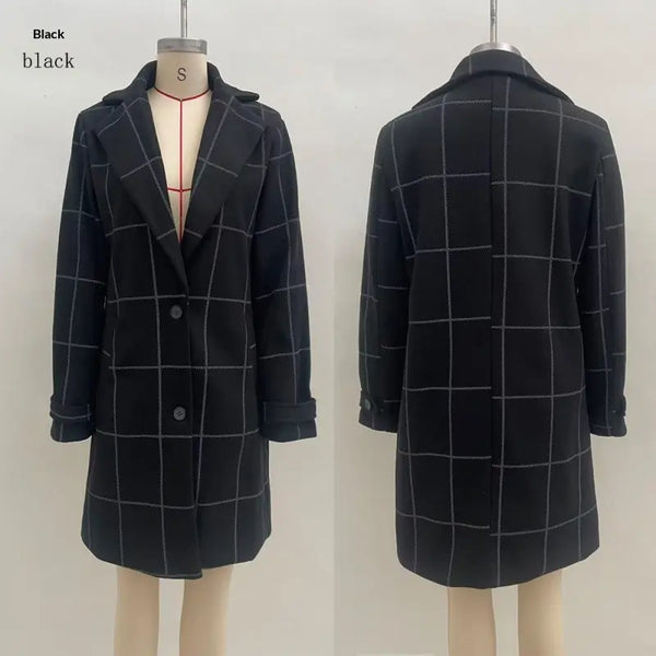 Black windowpane-check coat, front and back views on mannequins