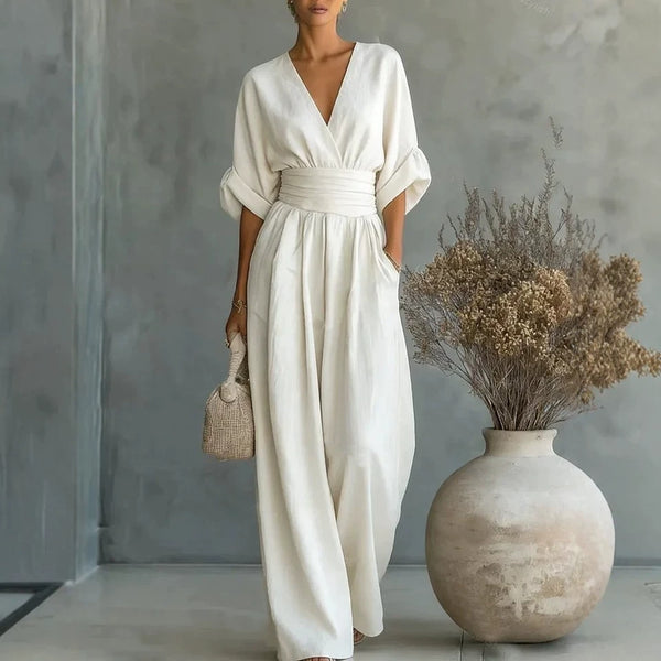 Short-sleeve V-neck wide-leg jumpsuit product image