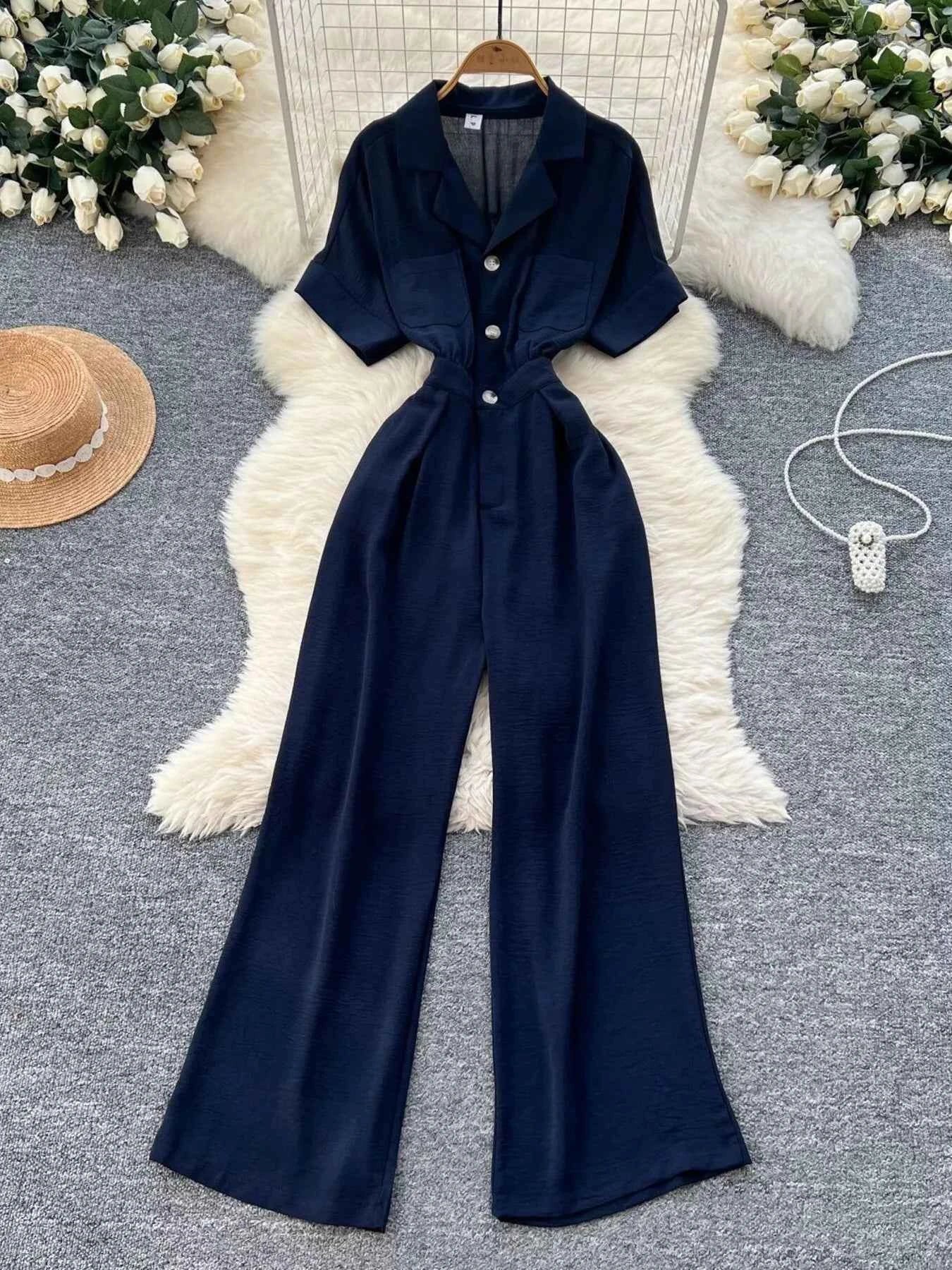 Belted Tie Waist Wide Leg Jumpsuit-Jumpsuit-Splashis-Color:Dark Blue-Size:One Size-Splashis
