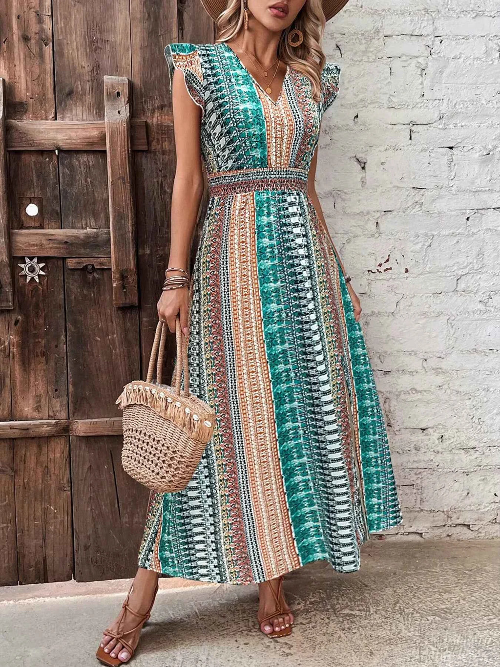 Boho print ruffle sleeve slit dress — additional view 12