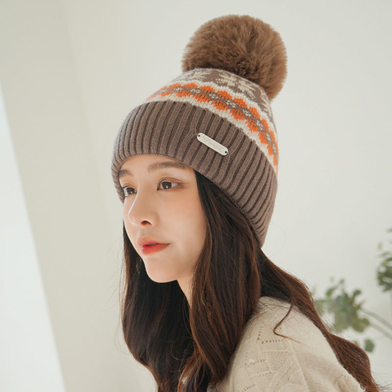Coffee pom pom knit beanie with ear flaps for women