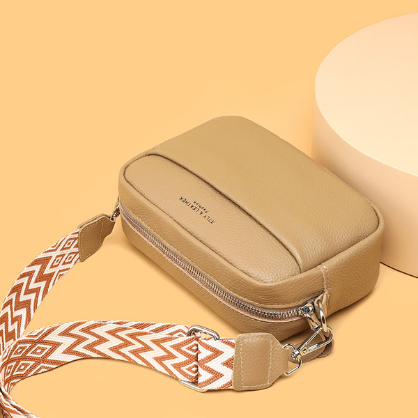 Rhombus Embroidered Crossbody Bag - Genuine Leather Shoulder Bag, side product view