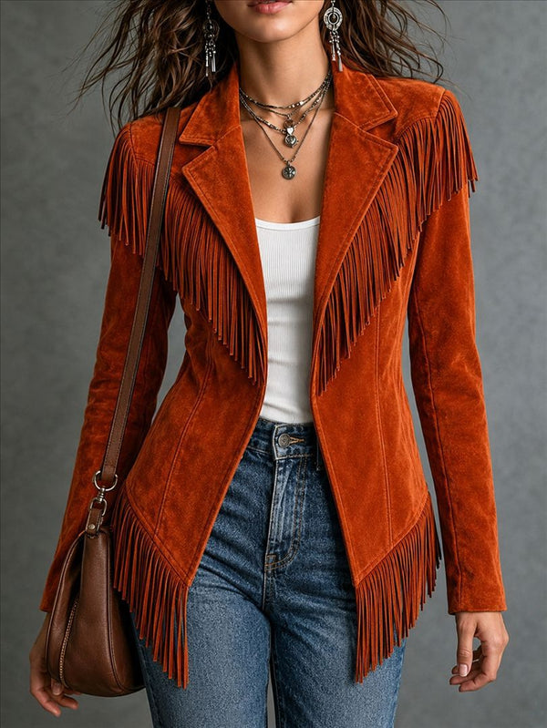 Fringe-trim faux suede jacket for women, image 2