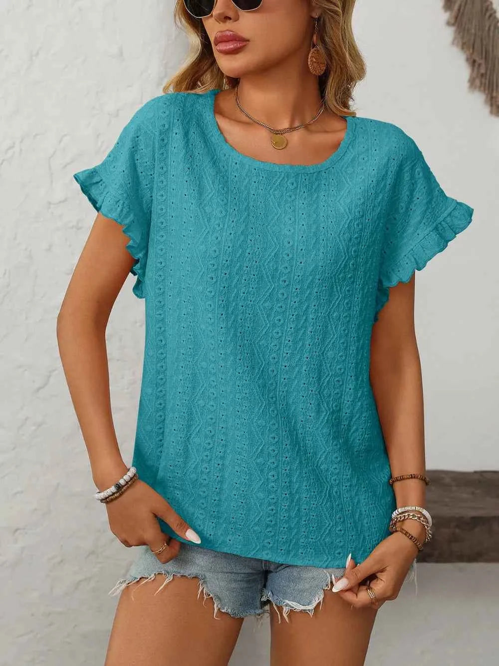 Feminine Eyelet Short Sleeve Top-T-shirt-Splashis-Splashis