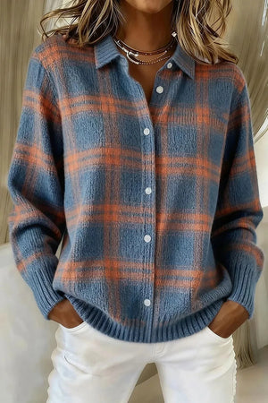 Blue plaid lapel shirt sweater cardigan for women