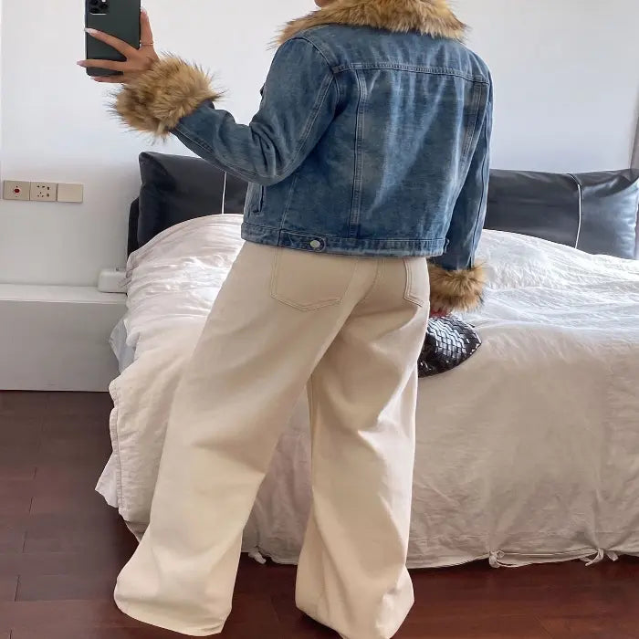 Women's Cropped Denim Jacket with Faux Fur Trim additional product view