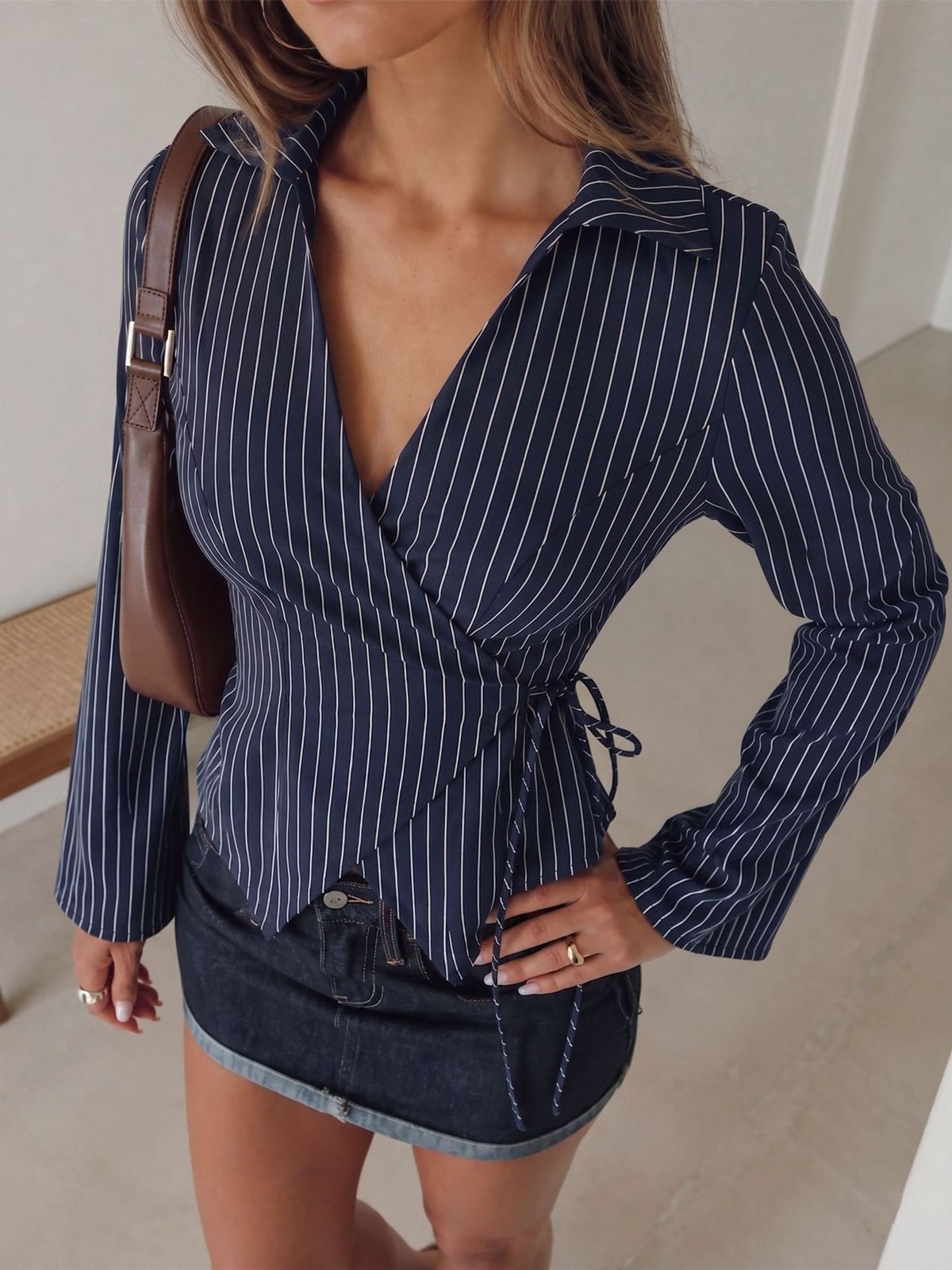 Women's Tie-Dye Stripe Shirt - Bell Sleeve Tie Waist Blouse additional product view