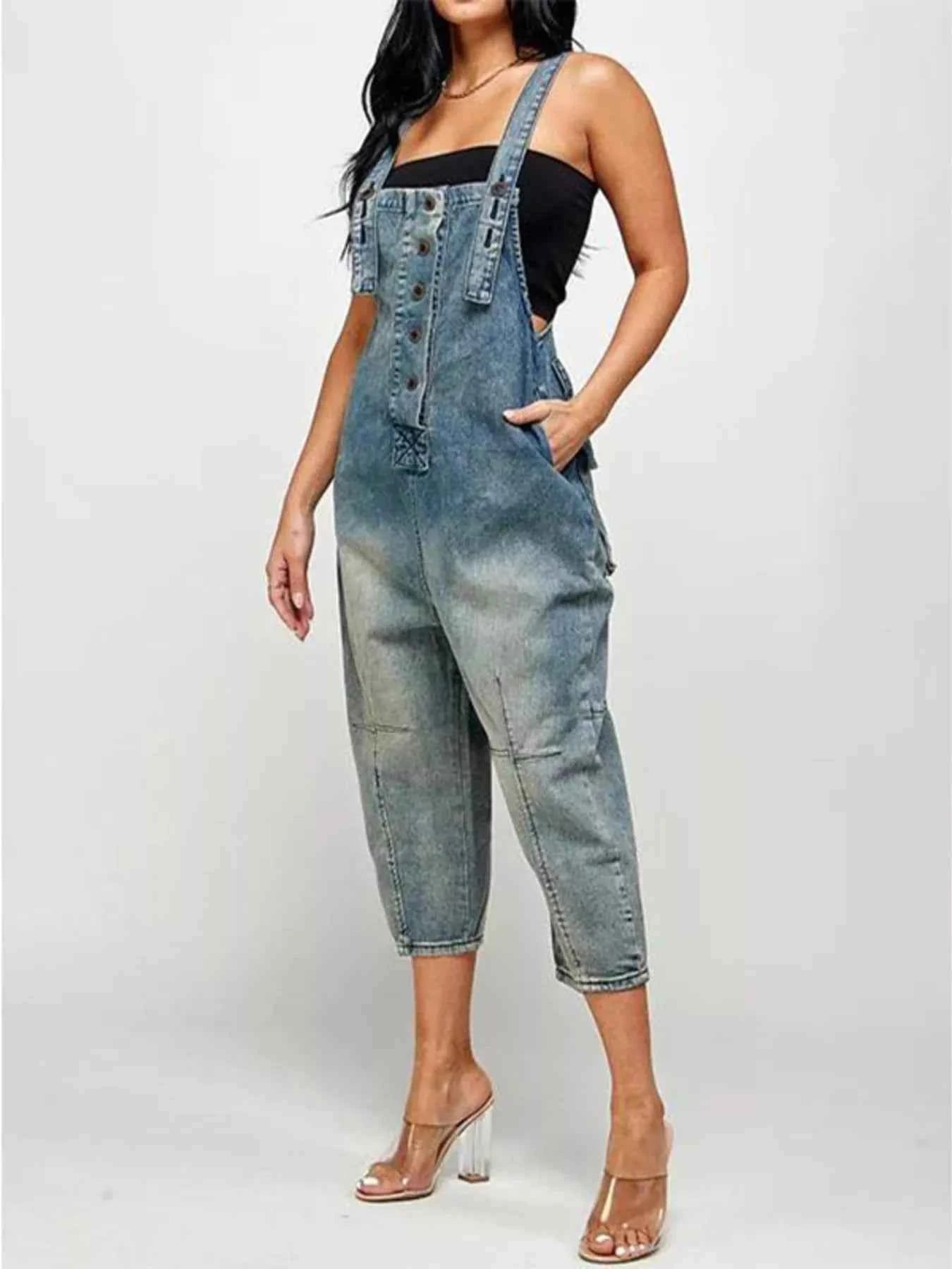 Plus size denim overalls with pockets — additional view 3