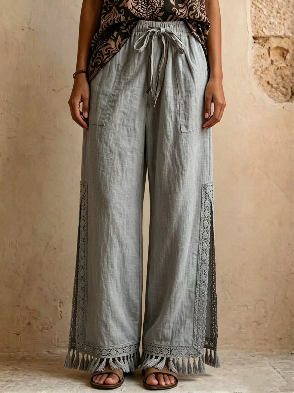 Lace-tassel bohemian wide-leg pants product image