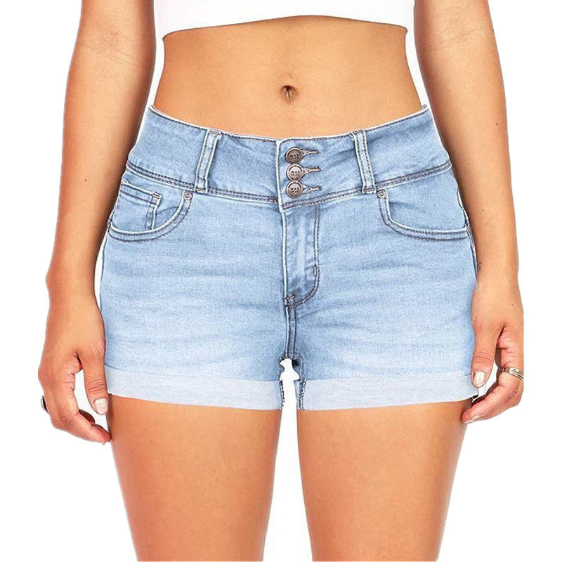 Women’s High-Waist Frayed Denim Shorts, front product view