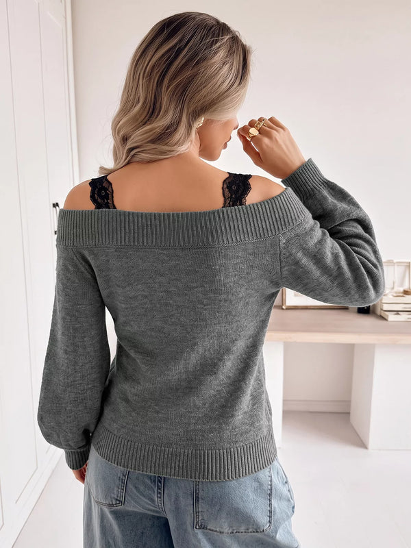 Off-Shoulder Lace Trim Sweater view 5