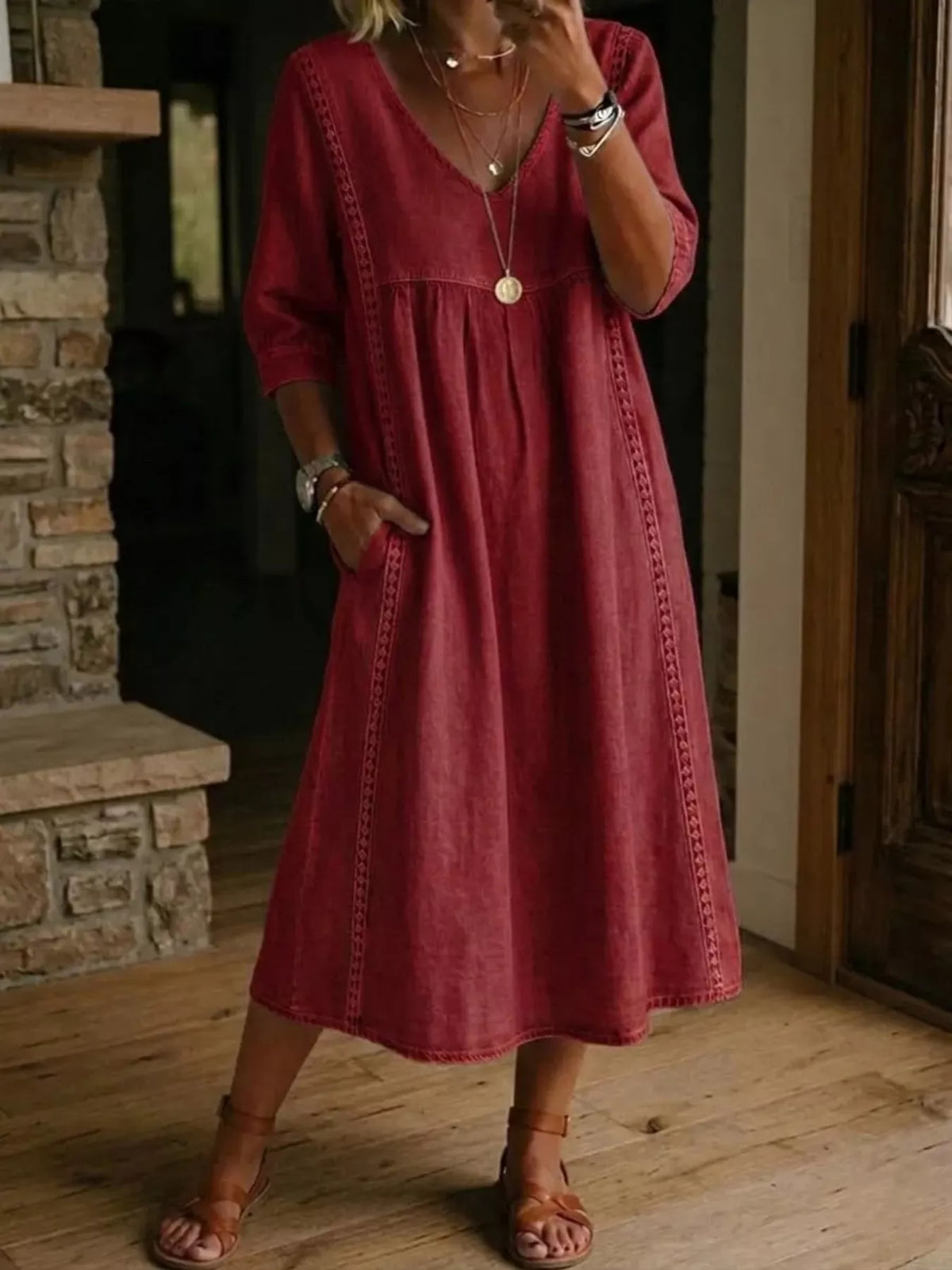 Full Size V-Neck 3/4 Sleeve Midi Dress Plus Size, product view 7