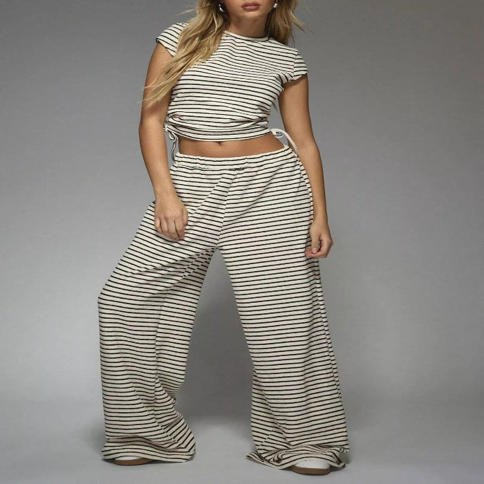 Model wearing the Striped Crop Top and Wide Leg Pants Set