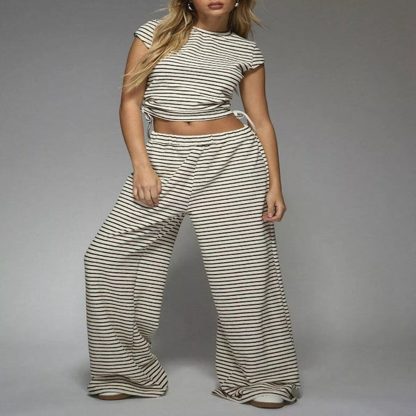 Model wearing the Striped Crop Top and Wide Leg Pants Set