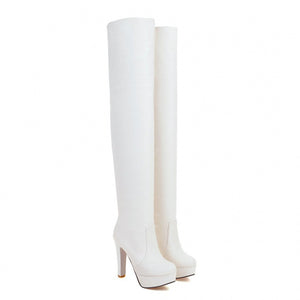 Black fur-lined over-the-knee block heel boots