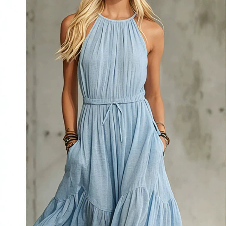 Product detail photo of Blue Cotton Linen Sleeveless Maxi Dress, blue cotton linen sleeveless maxi dress, everyday style
