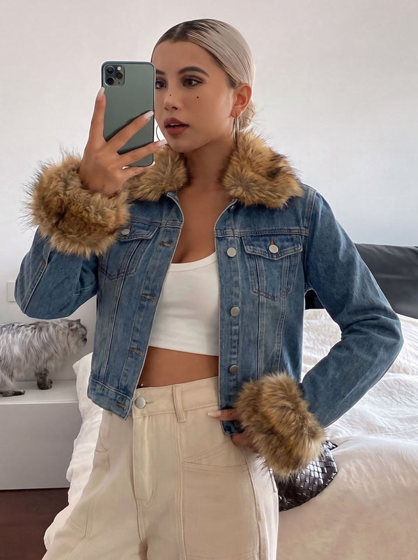 Cropped denim jacket with faux fur trim for women, image 6