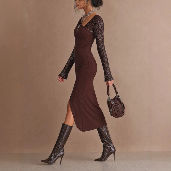 Women's asymmetrical printed midi dress with long sleeves