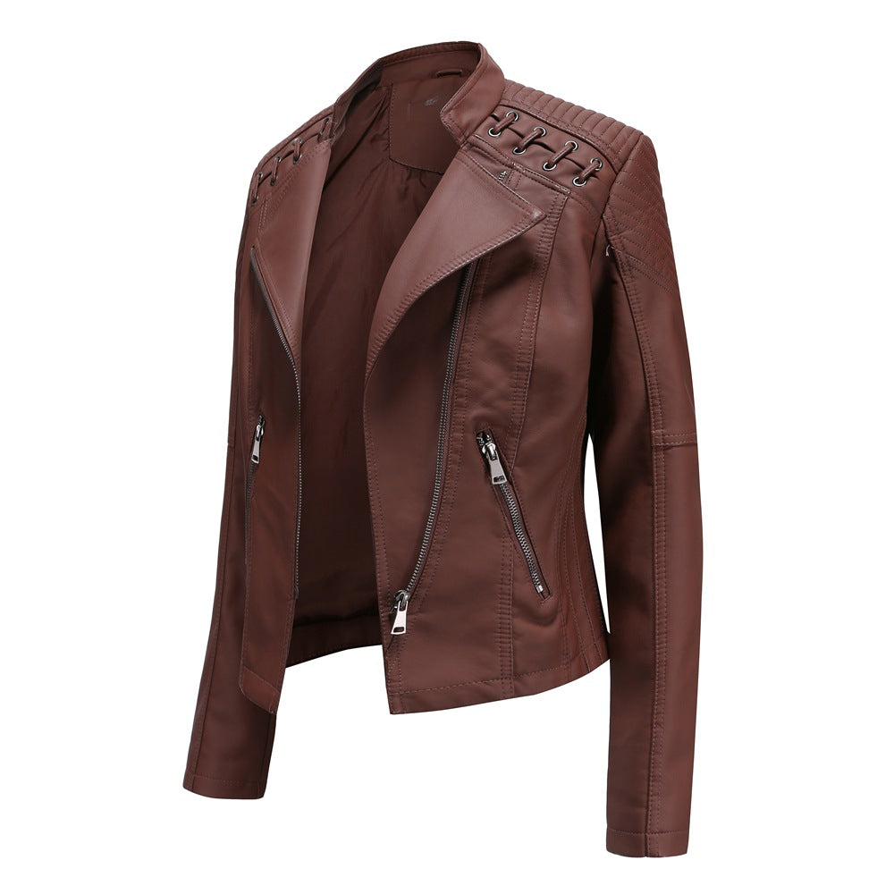 Cross-Border European Size New Spring And Autumn Women's Leather Jacket Women's Short Jacket Slim Thin Leather Jacket Women's Motorcycle Wear product image