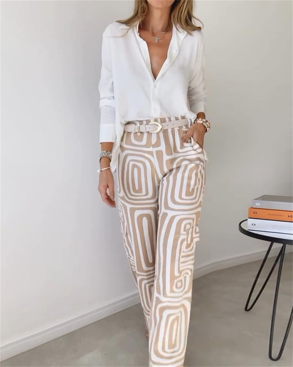 Women’s Printed Lapel Shirt & Wide-Leg Pants Set, front product view