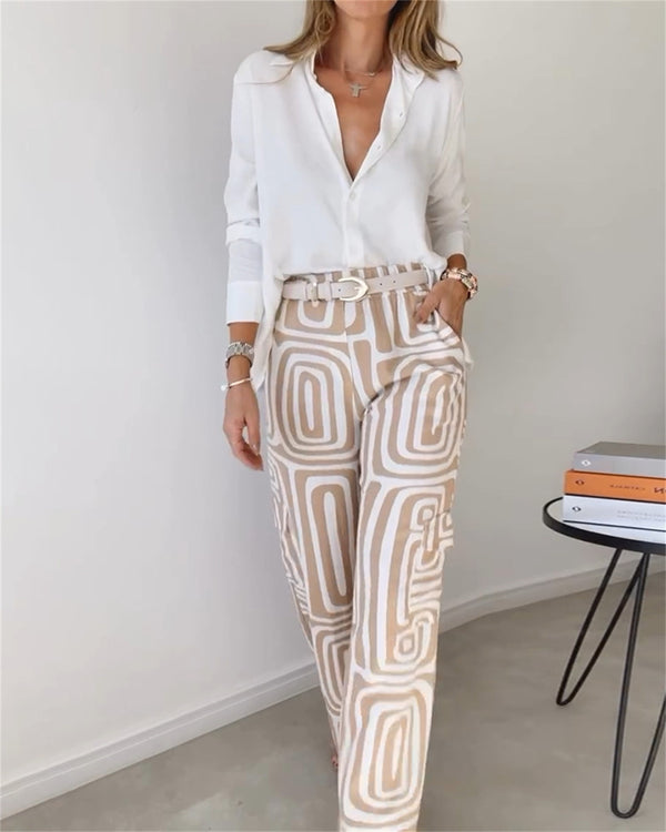 Women’s Printed Lapel Shirt & Wide-Leg Pants Set, front product view