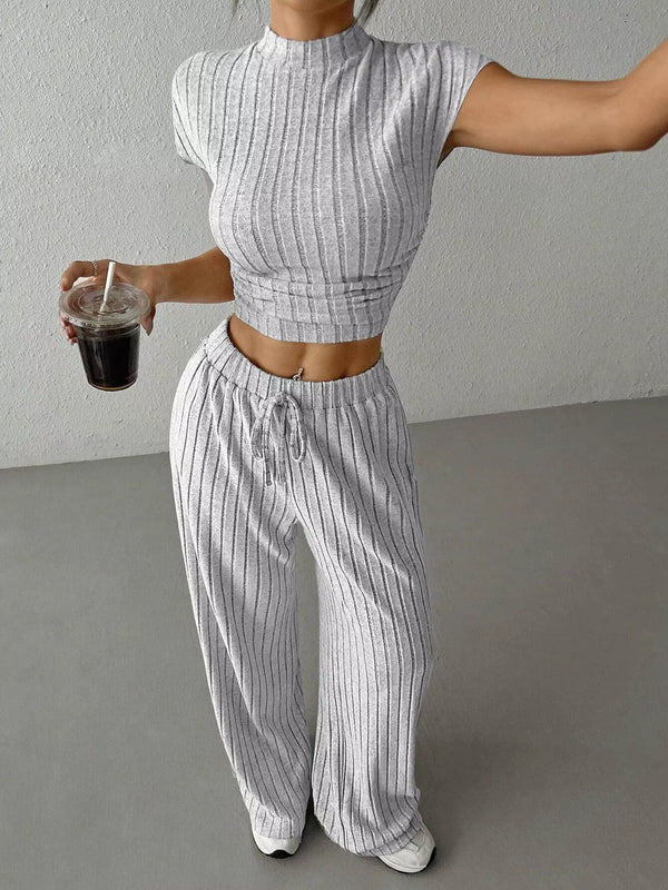Model wearing the Ribbed Knit Top and Wide Leg Pants Set