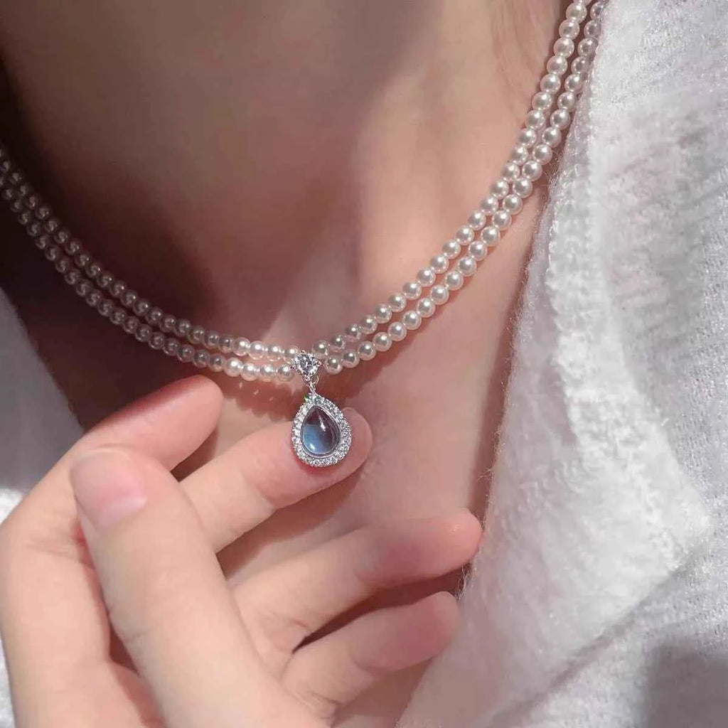 Double layer pearl necklace with teardrop pendant — additional view 3