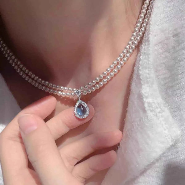 Double layer pearl necklace with teardrop pendant — additional view 3