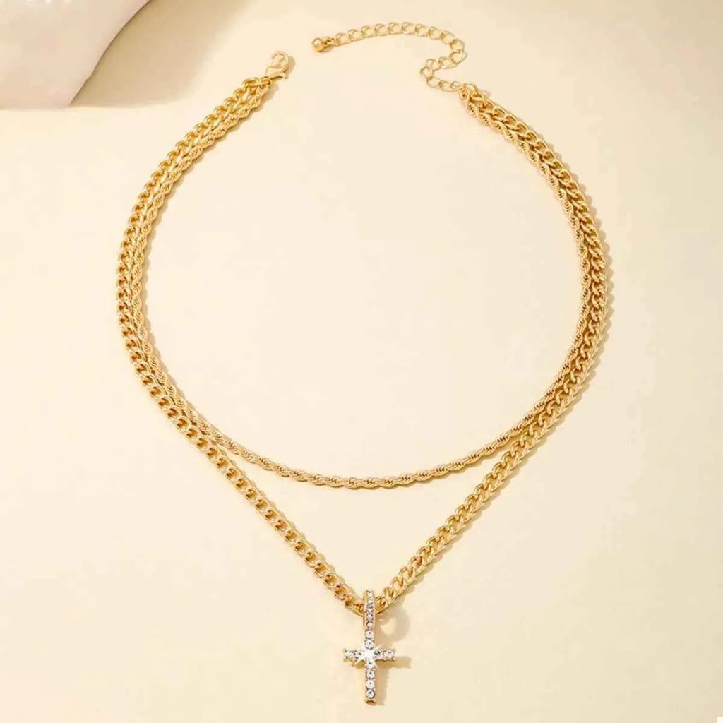 Layered gold chain cross pendant necklace — additional view 2