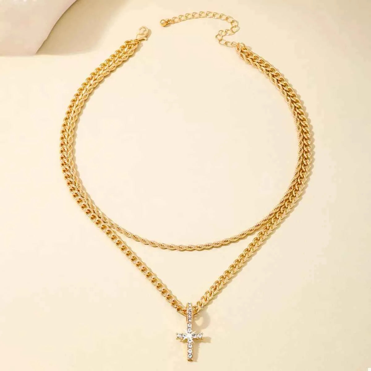 Layered gold chain cross pendant necklace — additional view 2