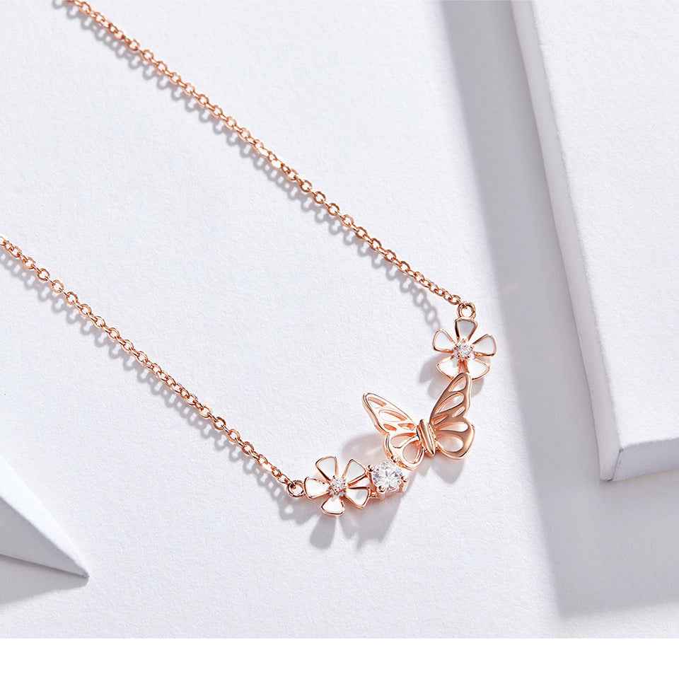 Butterfly and flower pendant necklace in silver-plated alloy — additional view 4