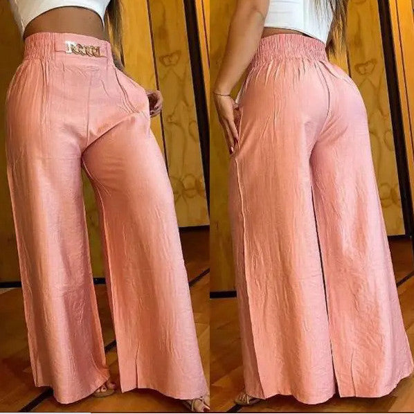 White high-waisted wide-leg trousers product image
