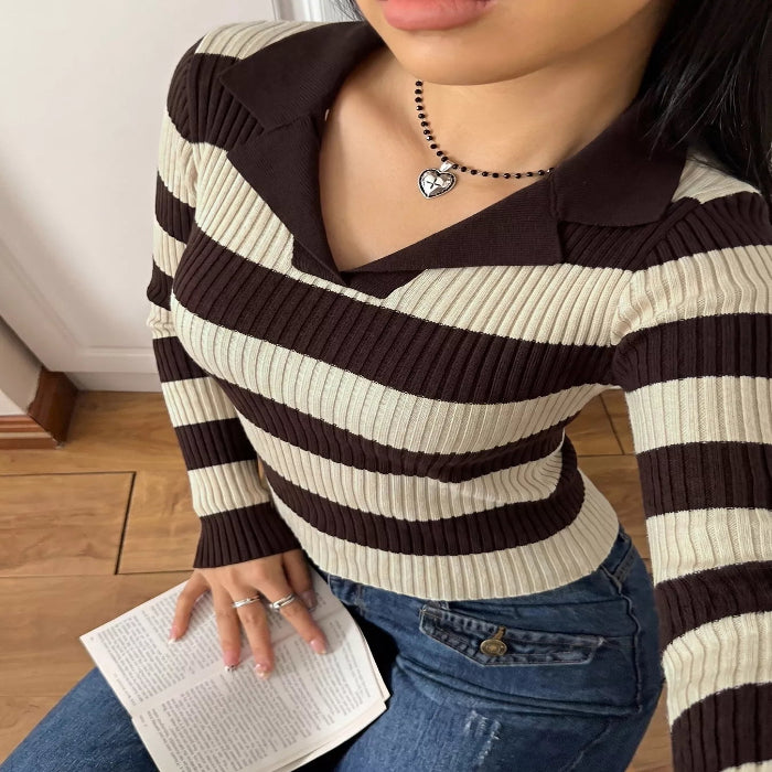 Model wearing the Striped Ribbed Knit Long Sleeve Sweater