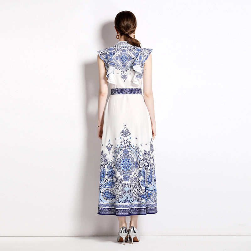Women's Printed Belted Maxi Dress, angled product view
