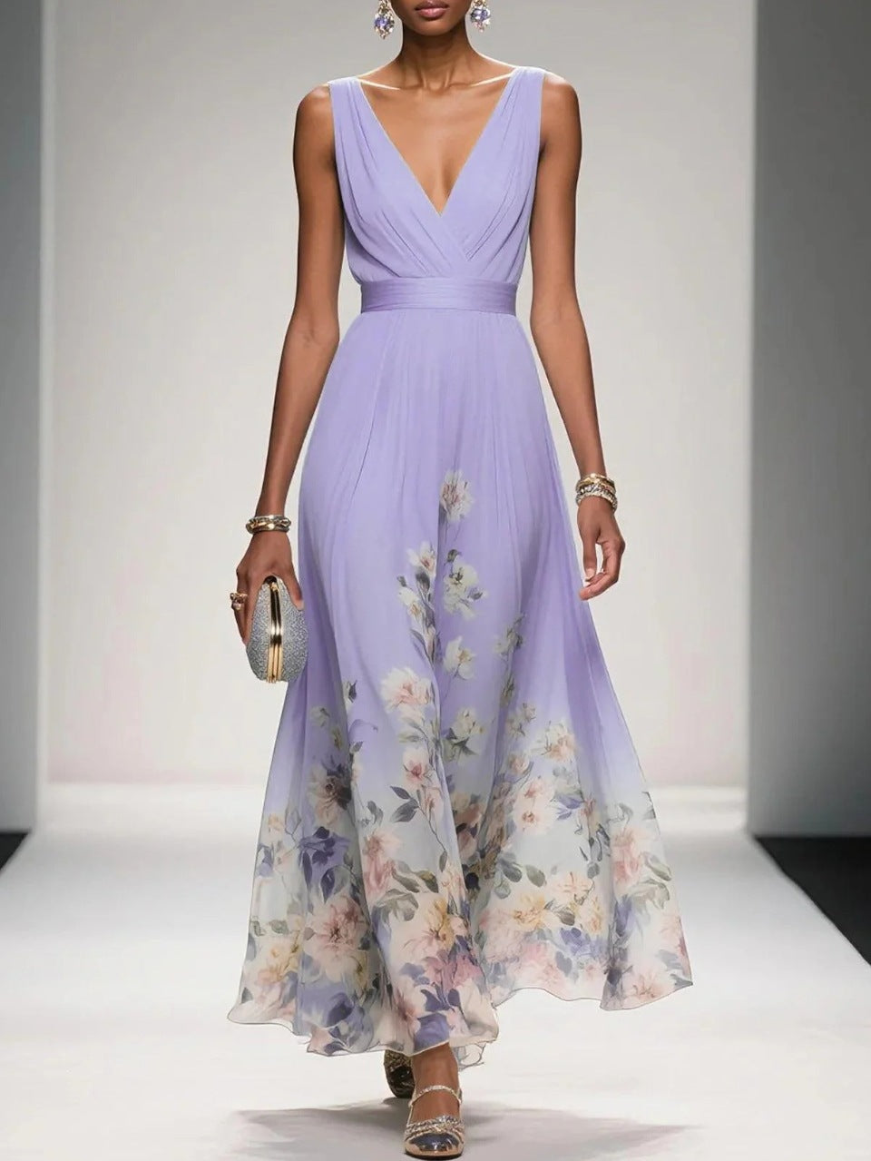 V-Neck Slim-Fit Chiffon Evening Gown