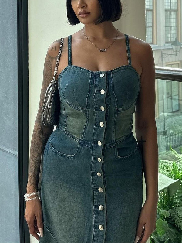 Blue Denim Suspender Maxi Dress, side product view