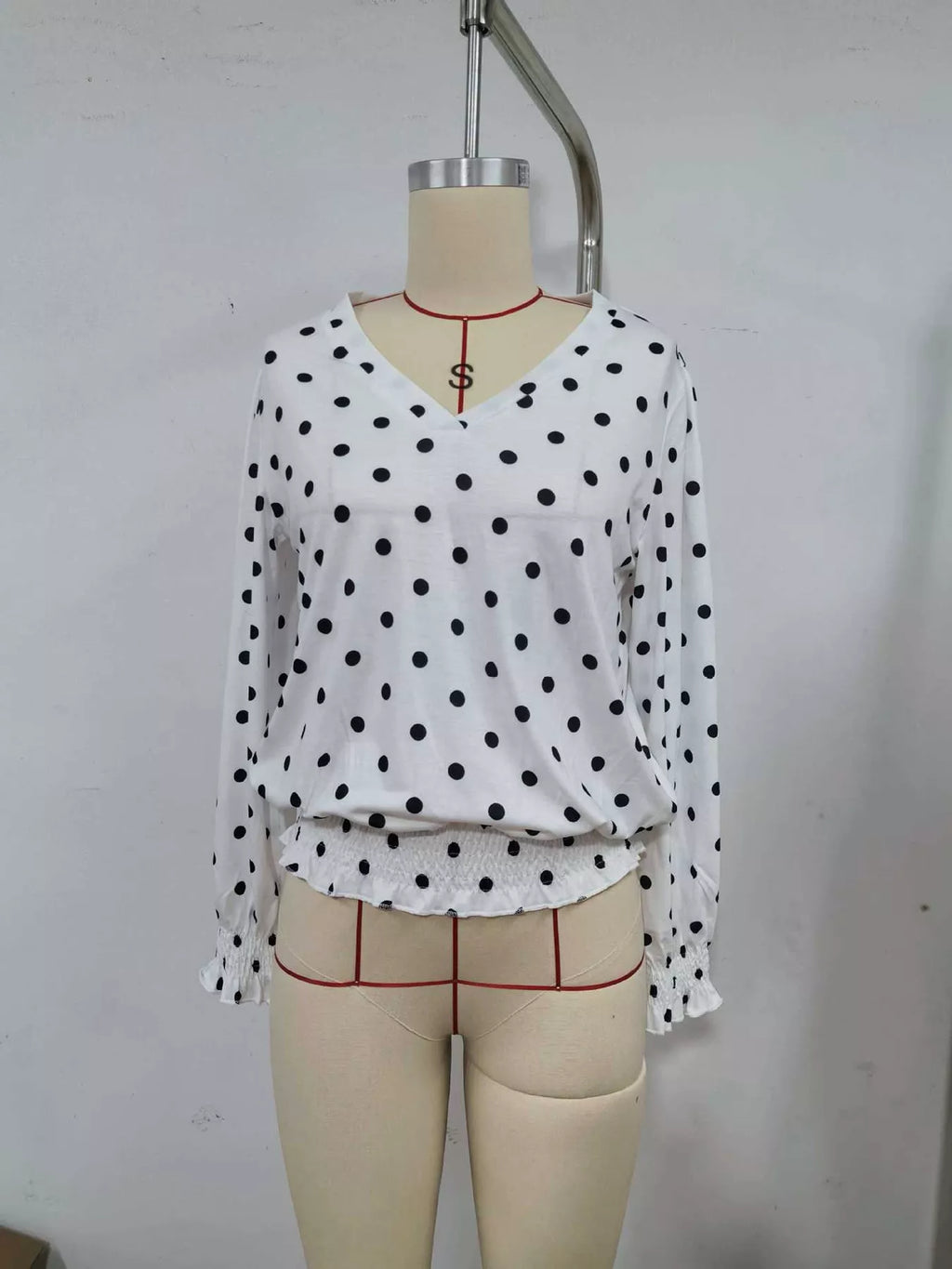 Polka dot V-neck smocked blouse — additional view 3